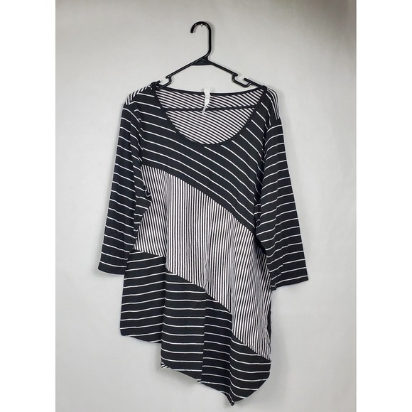NY Collection Woman Tops - NY Collection Woman Black White Striped Asymmetric Tunic 3/4 Sleeve Top ZKPU0563